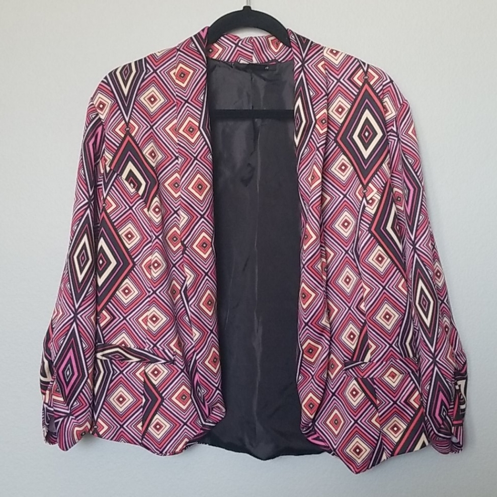 Ashley Stewart Office 16 Purple Geometric Crop Plus Size Blazer